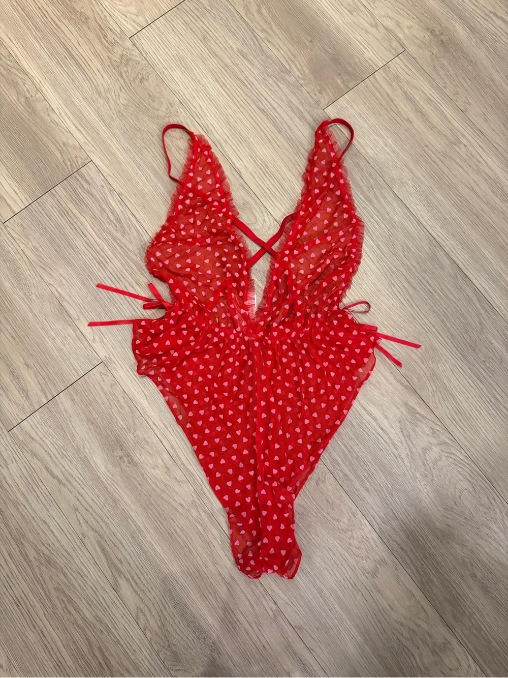 victoria’s secret vermillion red tease mini hearts flocked mesh playsuit